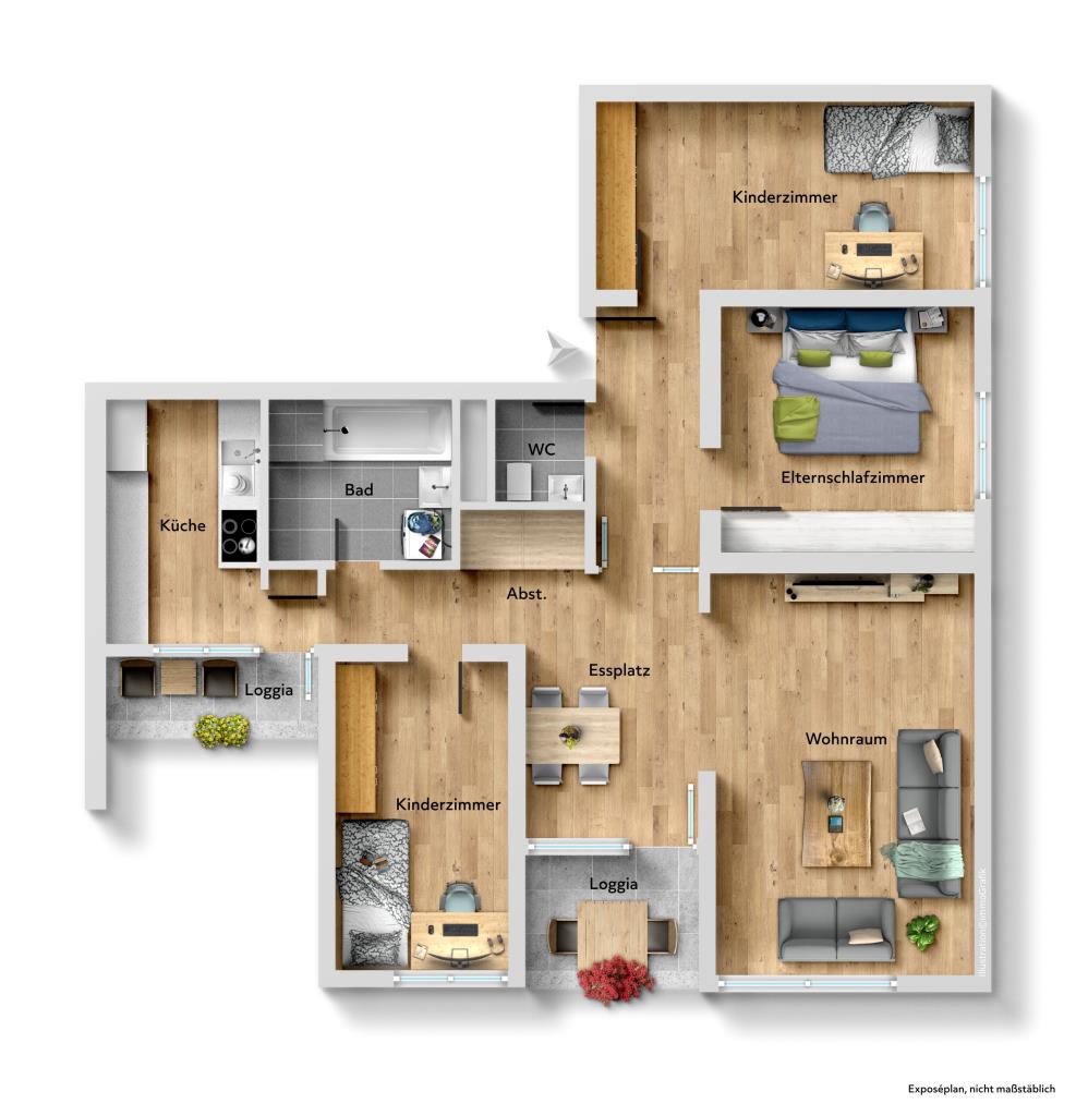 Platz für die Familie! Moderne 4 Zimmer-Wohnung mit 2. Balkone in Esslingen! - Grundriss (43587)