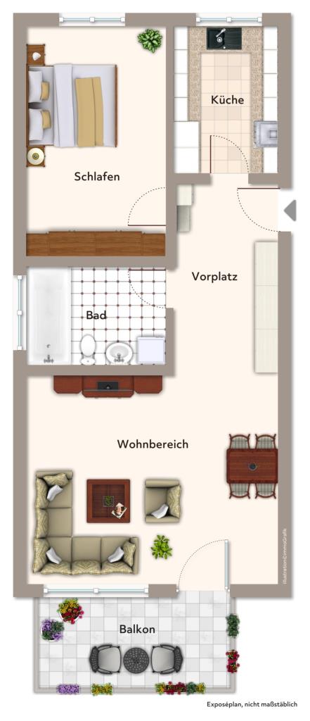 Ideale Lage! Gemütliche 2 Zimmer-Wohnung mit sonnigem Balkon! - Grundriss (33508)