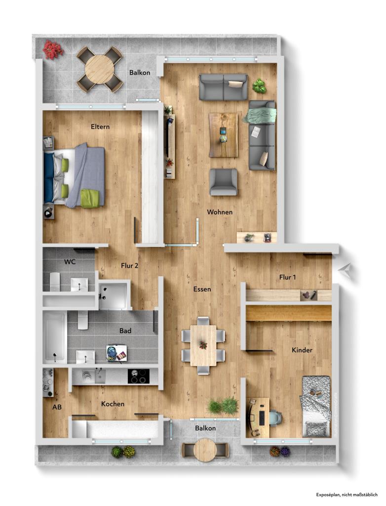 Ideale Gelegenheit! Interessante 3,5 Zimmer-Wohnung mit 2. Balkone & Aufzug! - Grundriss (38991)